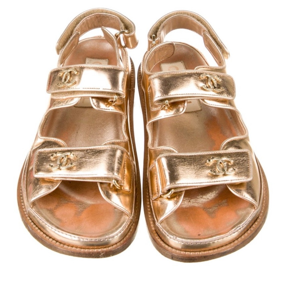 CHANEL DAD Kids Metallic Gold Triple-Strap Velcro Sandals